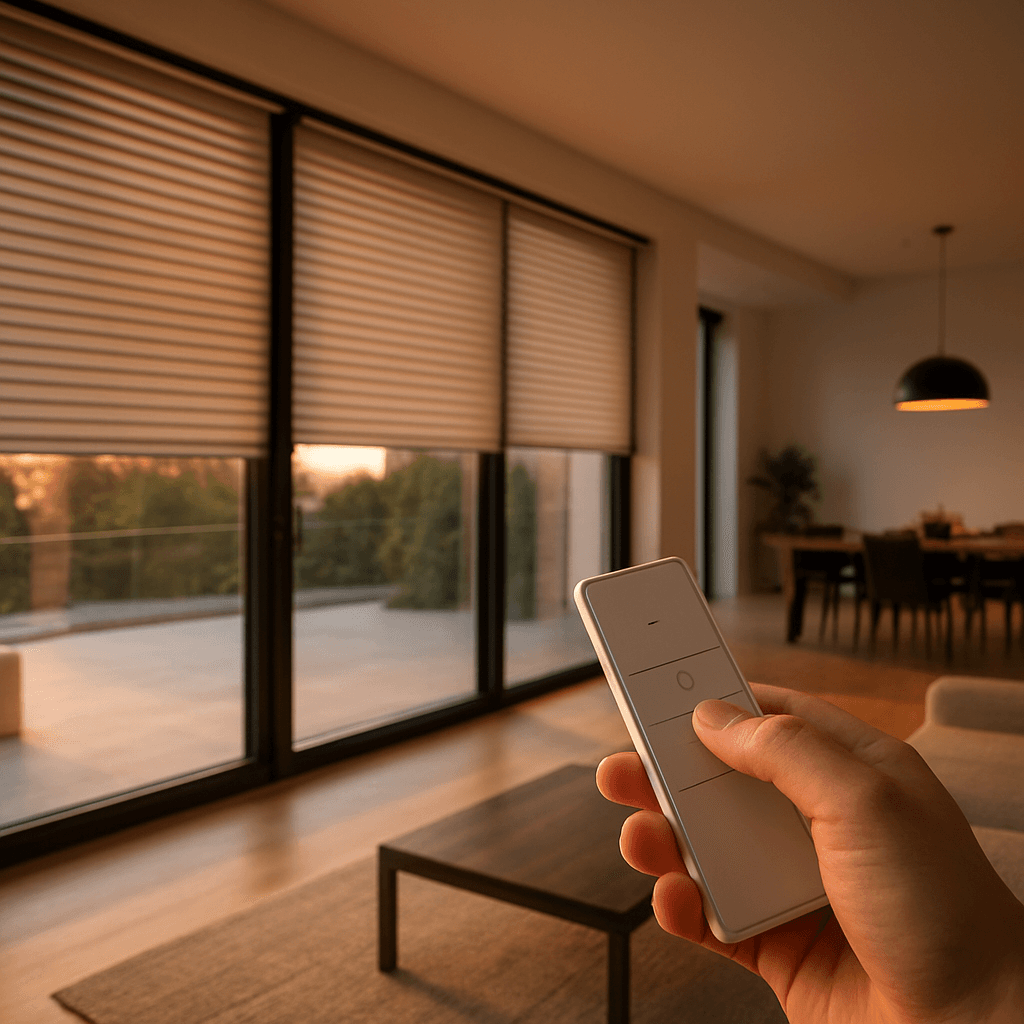 Remote control operating motorised blinds sealed inside wide replacement glass panels