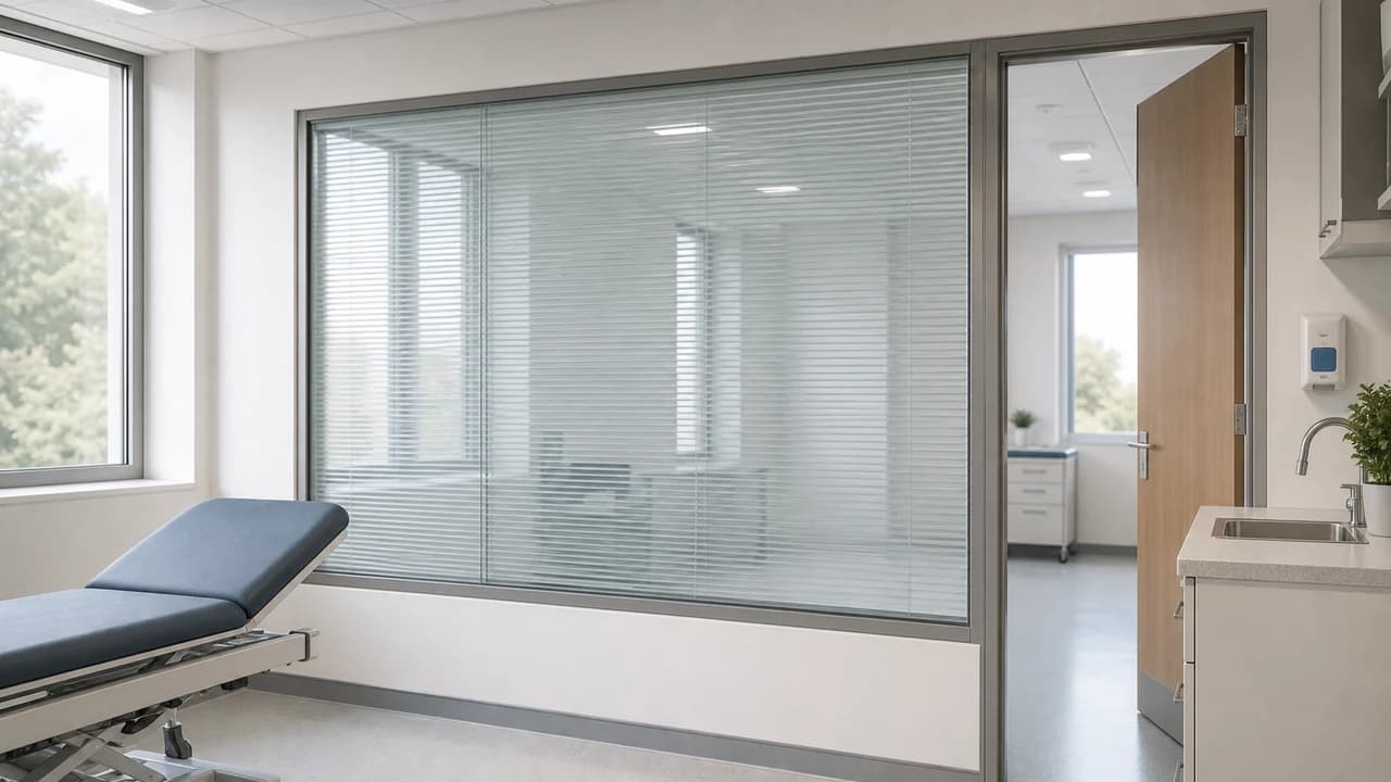 Healthcare treatment room with privacy blinds sealed inside internal glass