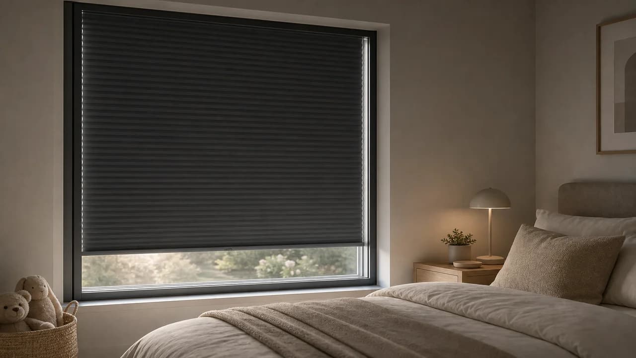 Bedroom window with blackout pleated blinds sealed inside the glass